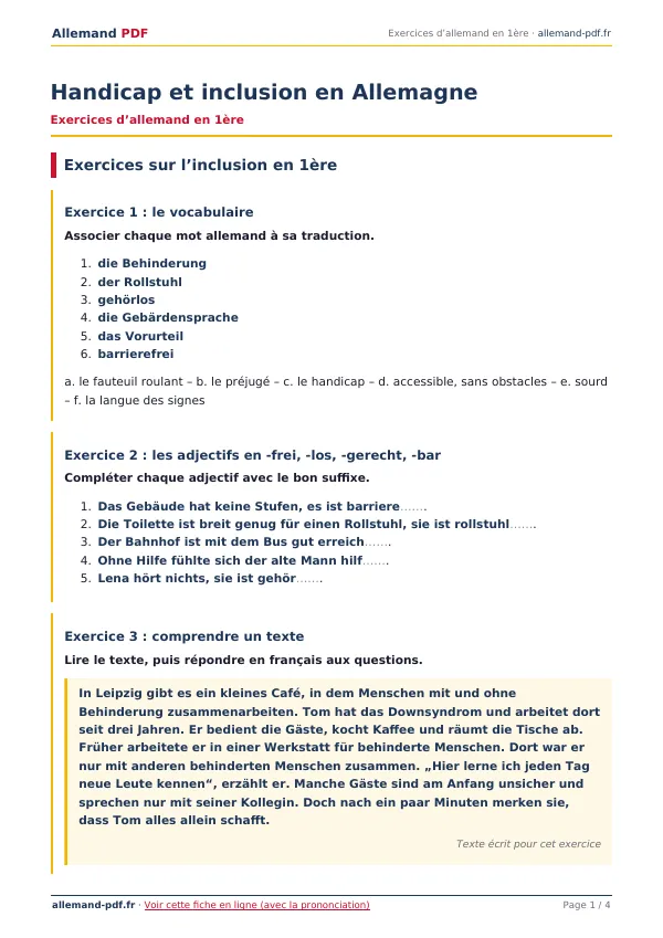 Exercices « Handicap et inclusion en Allemagne » en PDF