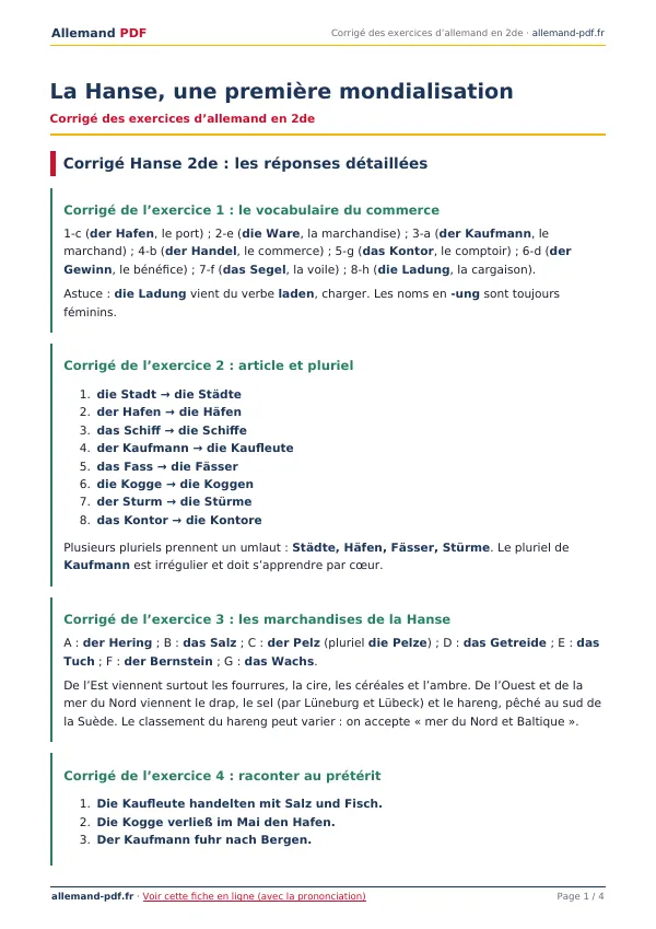 Corrigé « La Hanse, une première mondialisation » en PDF