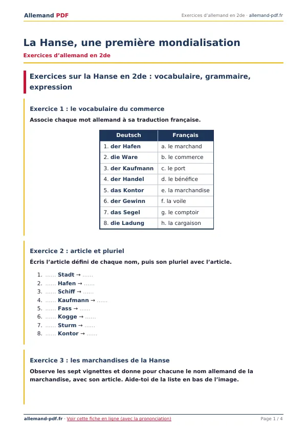 Exercices « La Hanse, une première mondialisation » en PDF