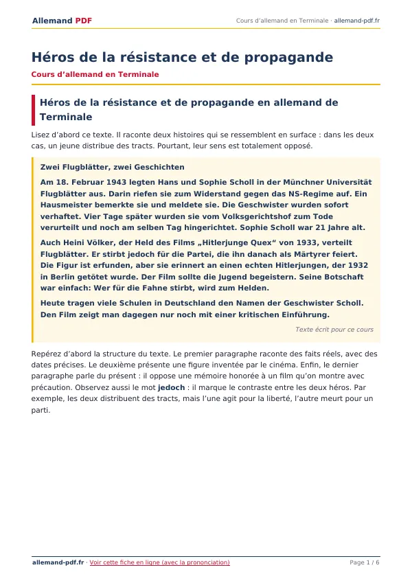 Cours « Héros de la résistance et de propagande » en PDF