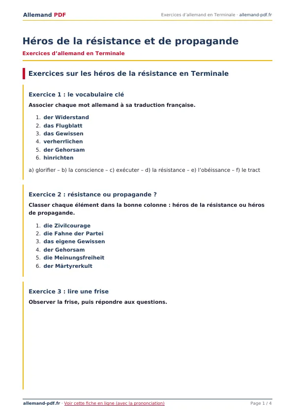 Exercices « Héros de la résistance et de propagande » en PDF