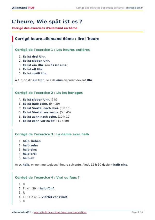 Corrigé « L’heure, Wie spät ist es ? » en PDF