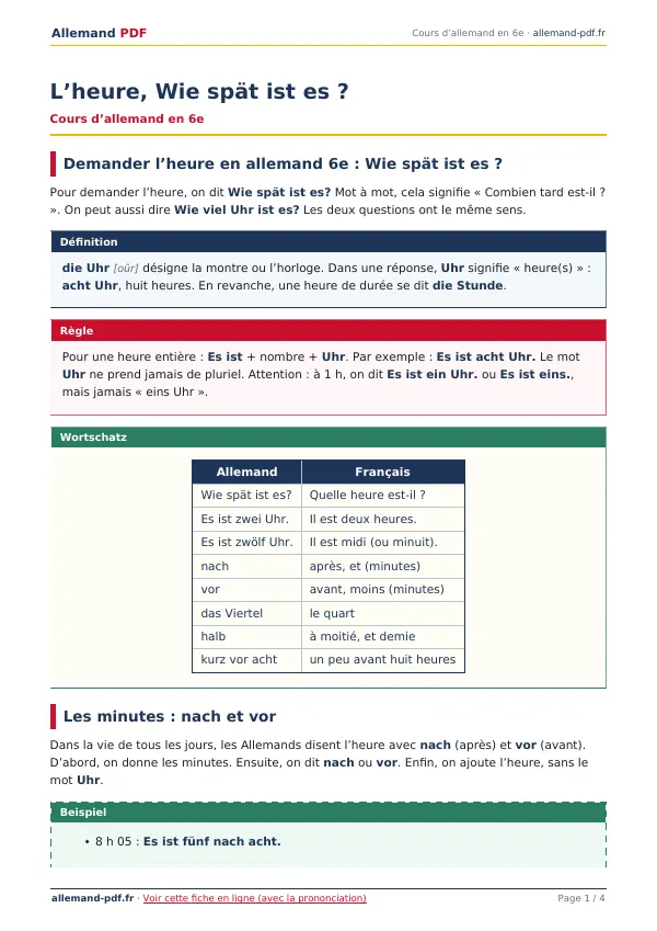 Cours « L’heure, Wie spät ist es ? » en PDF
