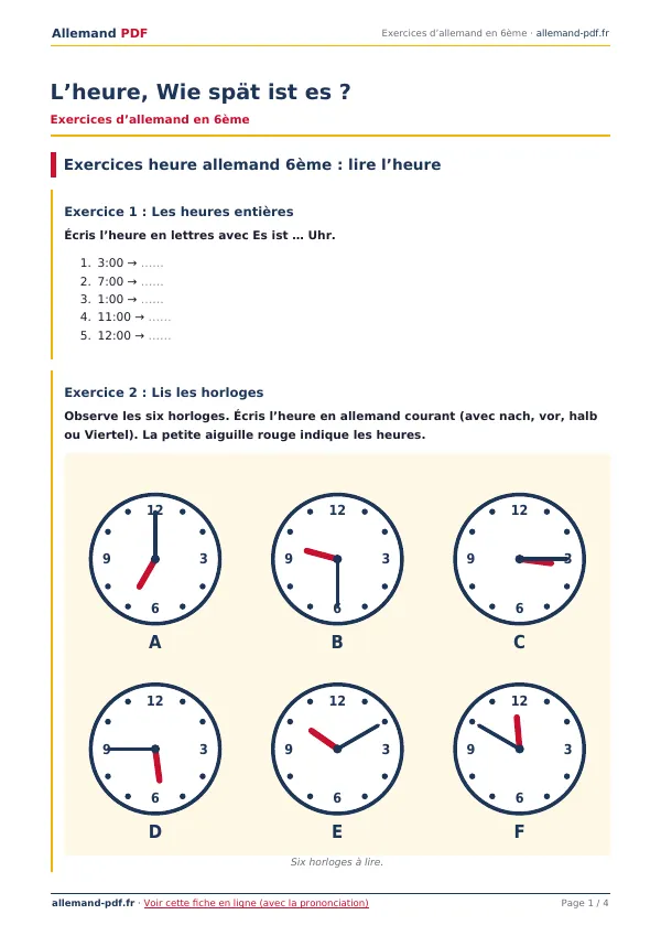 Exercices « L’heure, Wie spät ist es ? » en PDF