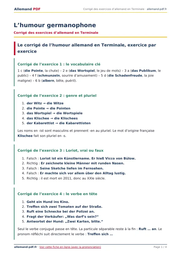 Corrigé « L’humour germanophone » en PDF