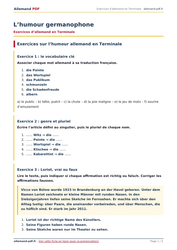 Exercices « L’humour germanophone » en PDF