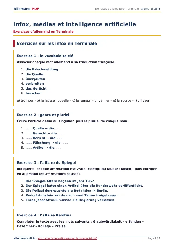 Exercices « Infox, médias et intelligence artificielle » en PDF