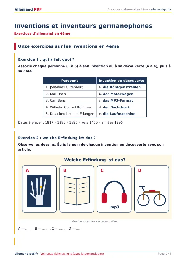 Exercices « Inventions et inventeurs germanophones » en PDF