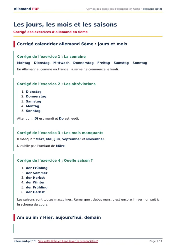Corrigé « Les jours, les mois et les saisons » en PDF