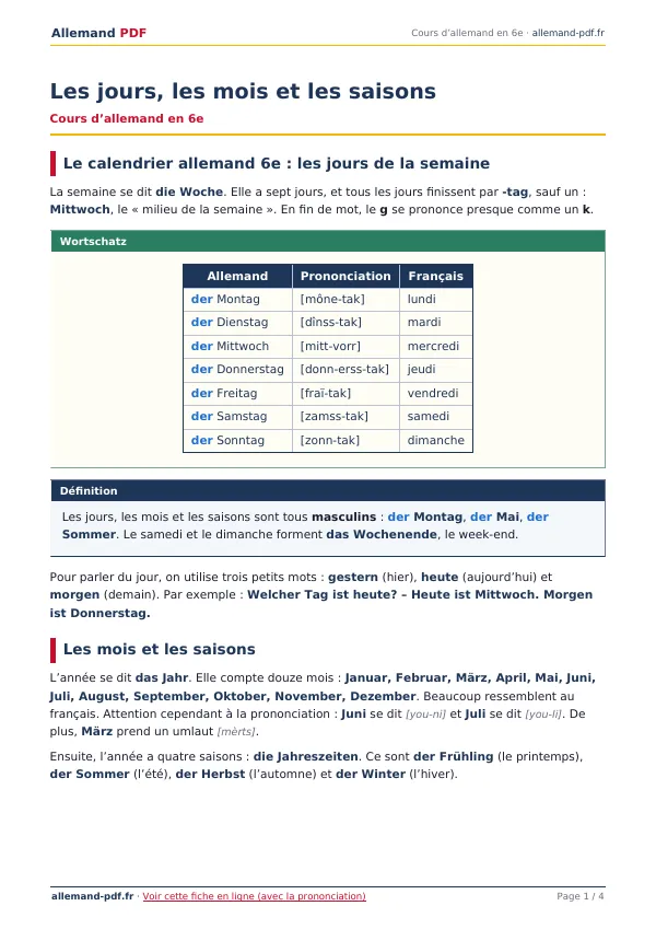 Cours « Les jours, les mois et les saisons » en PDF