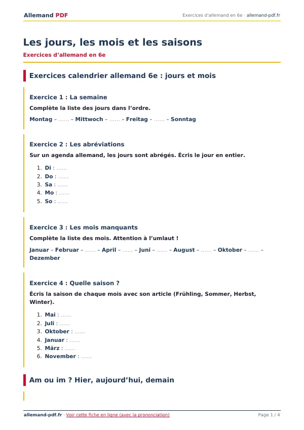 Exercices « Les jours, les mois et les saisons » en PDF