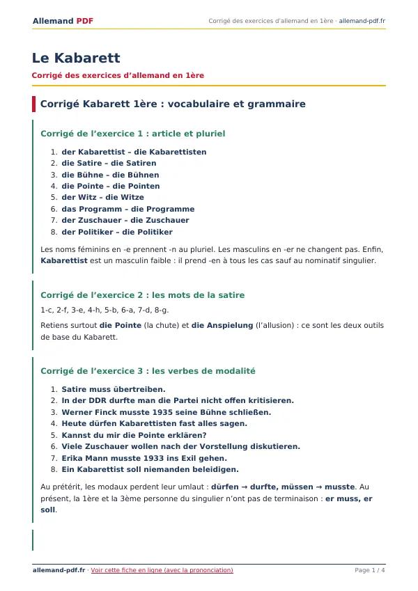 Corrigé « Le Kabarett » en PDF