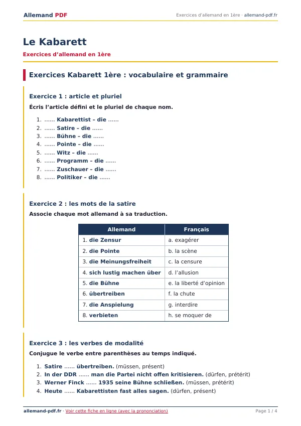 Exercices « Le Kabarett » en PDF