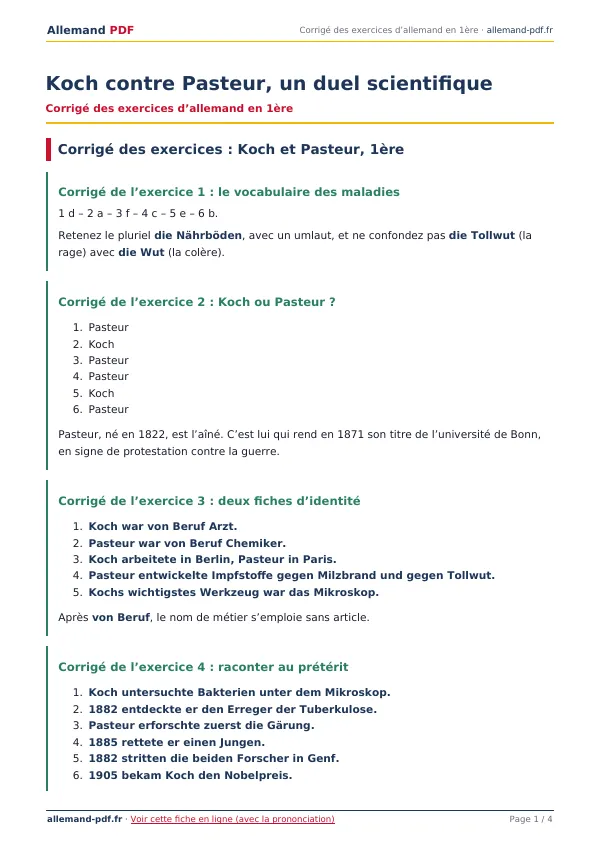 Corrigé « Koch contre Pasteur, un duel scientifique » en PDF