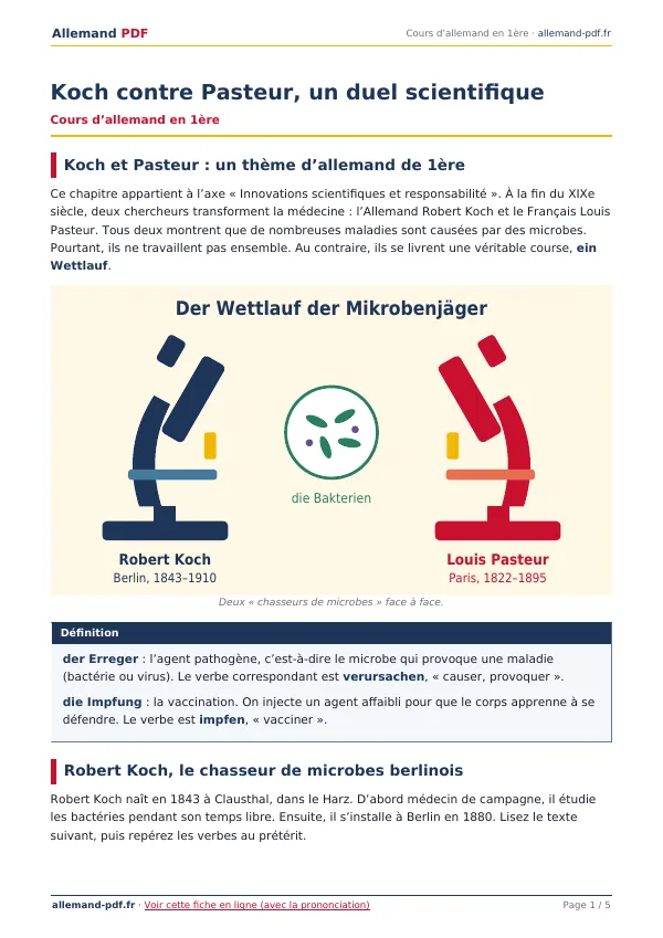 Cours « Koch contre Pasteur, un duel scientifique » en PDF