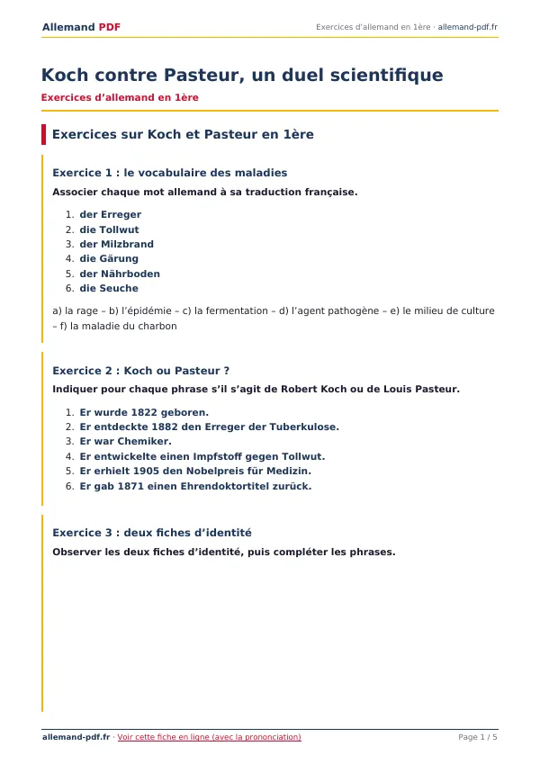 Exercices « Koch contre Pasteur, un duel scientifique » en PDF
