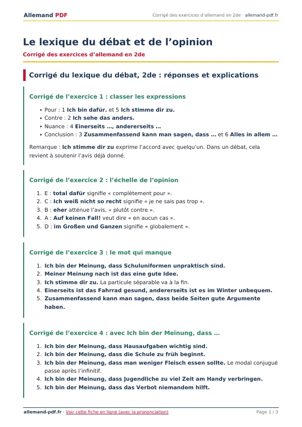 Corrigé « Le lexique du débat et de l’opinion » en PDF