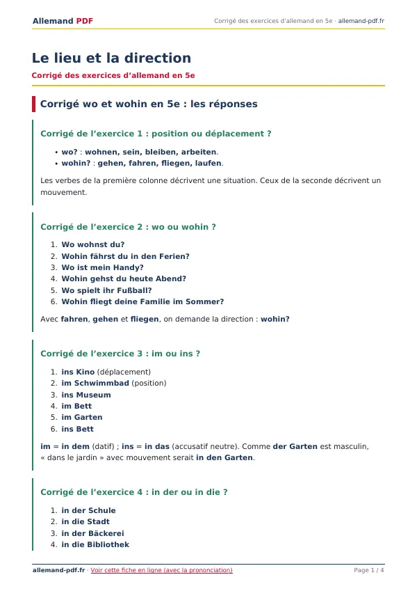 Corrigé « Le lieu et la direction » en PDF
