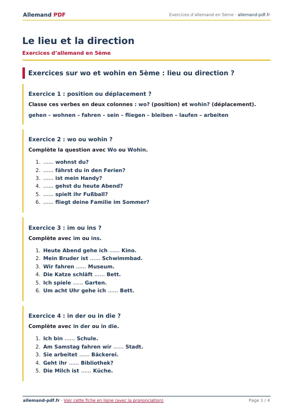 Exercices « Le lieu et la direction » en PDF