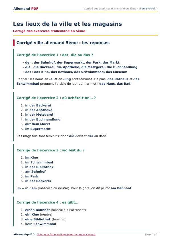 Corrigé « Les lieux de la ville et les magasins » en PDF