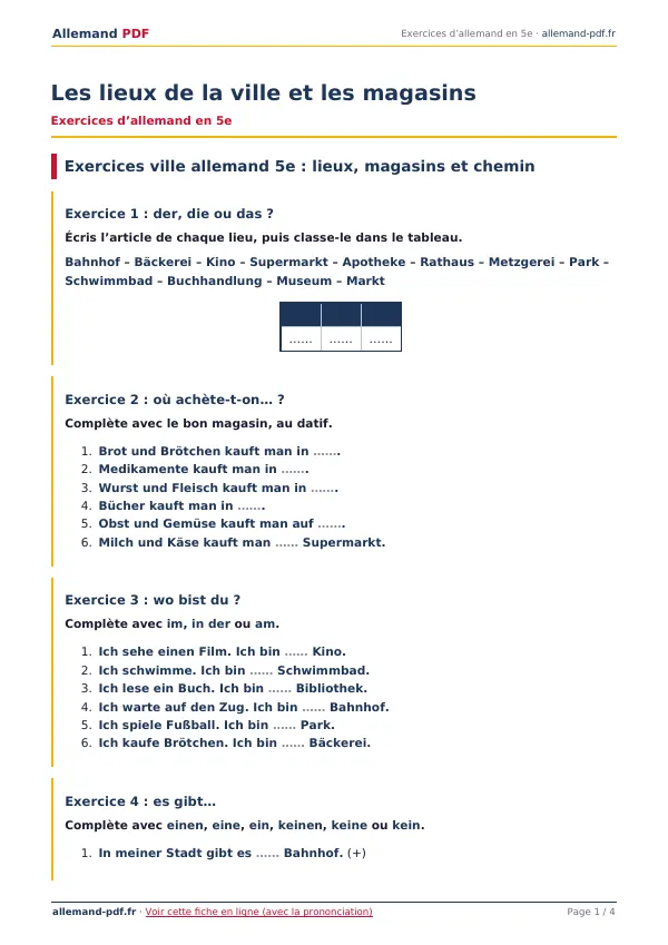 Exercices « Les lieux de la ville et les magasins » en PDF