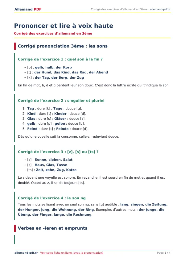 Corrigé « Prononcer et lire à voix haute » en PDF