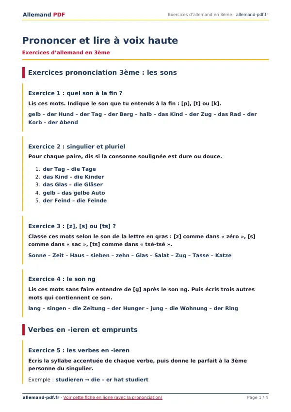 Exercices « Prononcer et lire à voix haute » en PDF