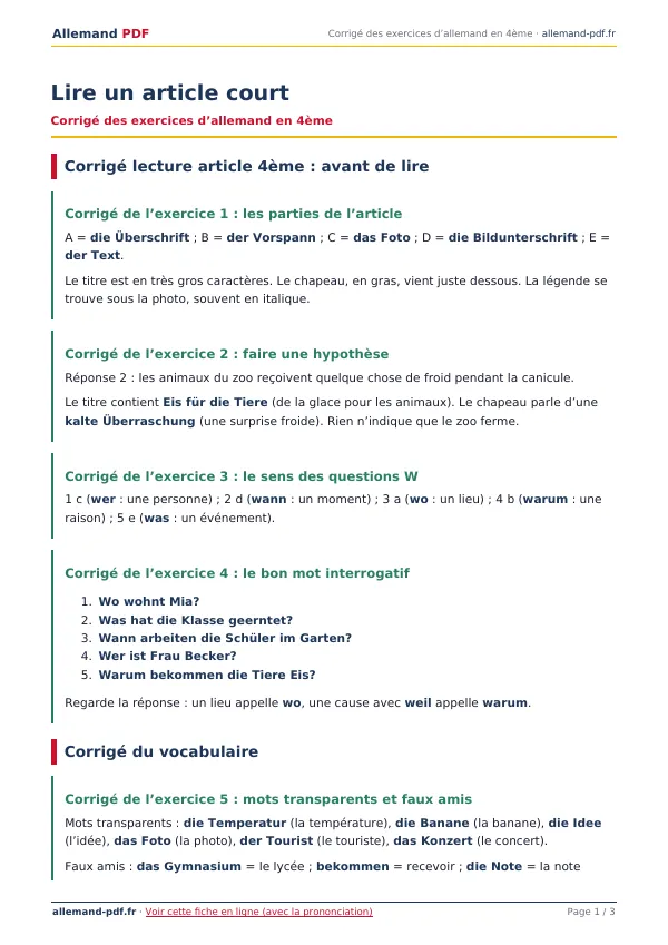 Corrigé « Lire un article court » en PDF