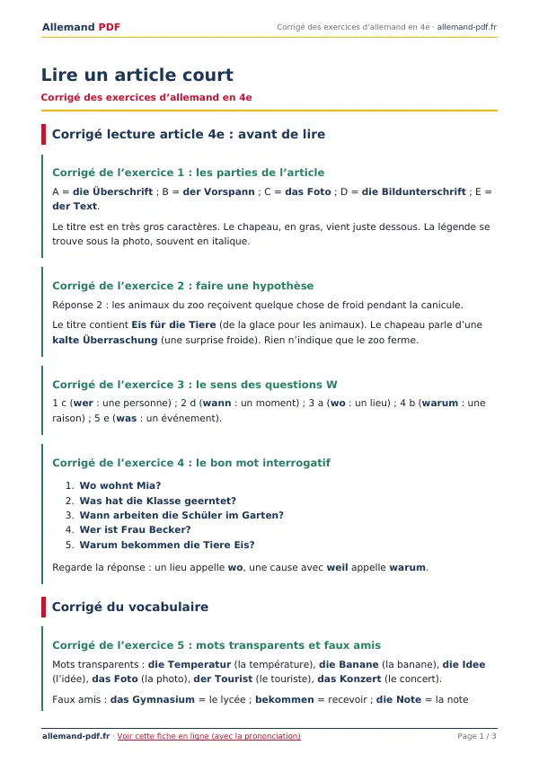 Corrigé « Lire un article court » en PDF