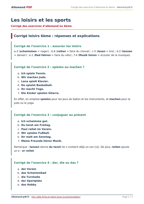 Corrigé « Les loisirs et les sports » en PDF