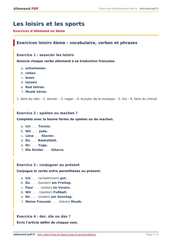 Exercices « Les loisirs et les sports » en PDF