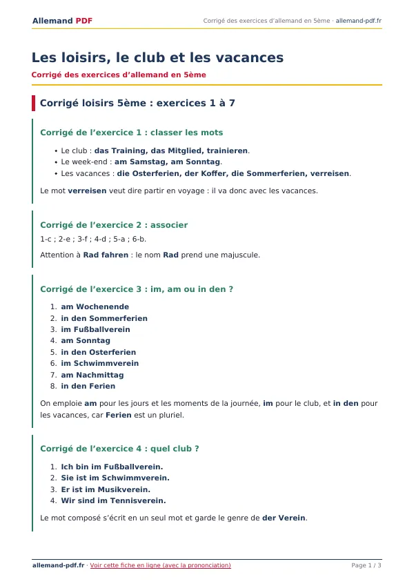 Corrigé « Les loisirs, le club et les vacances » en PDF