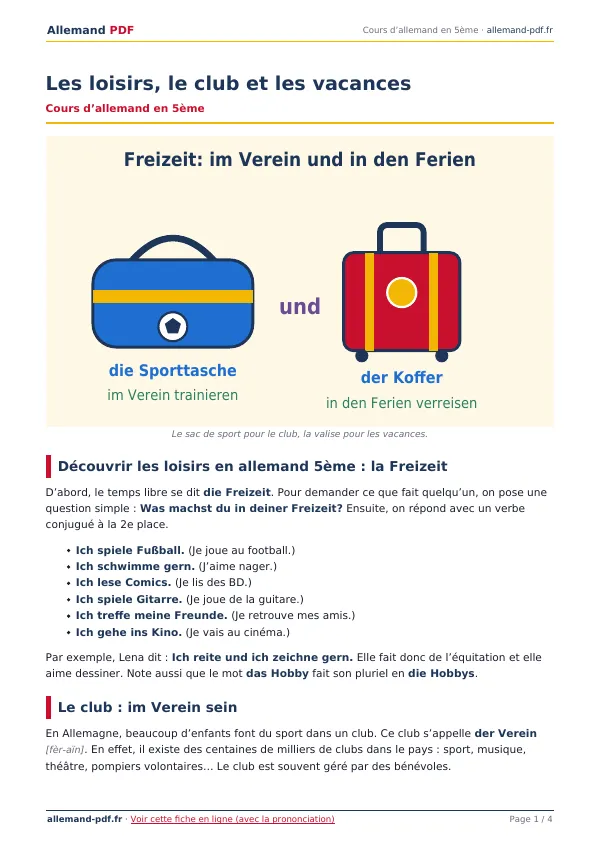Cours « Les loisirs, le club et les vacances » en PDF