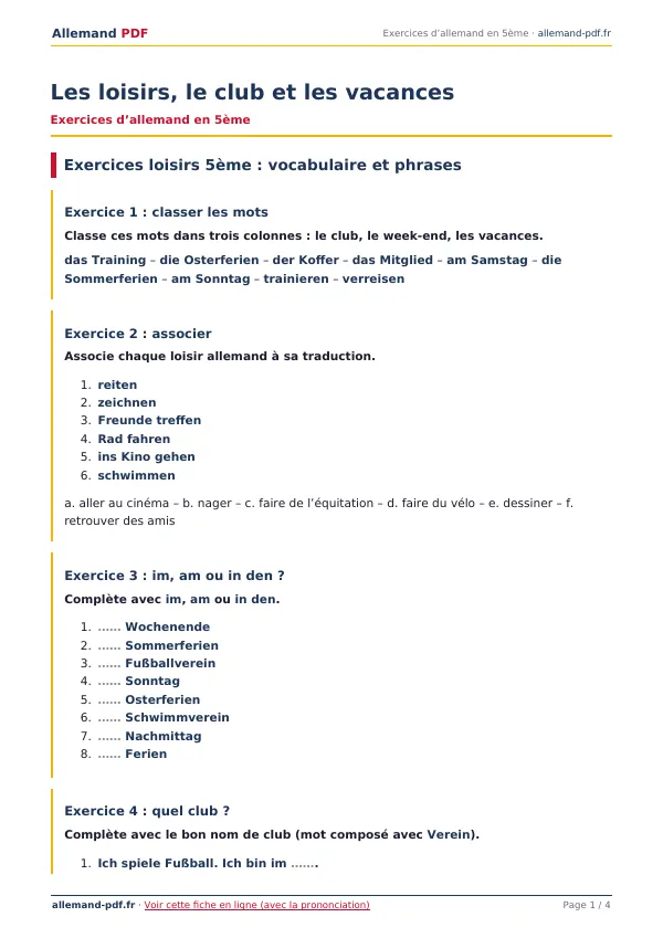 Exercices « Les loisirs, le club et les vacances » en PDF