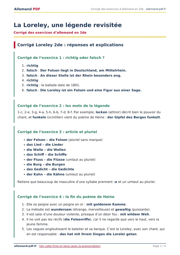 Corrigé « La Loreley, une légende revisitée » en PDF