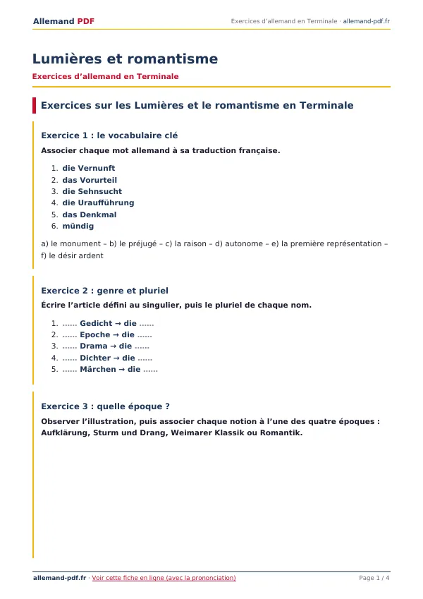 Exercices « Lumières et romantisme » en PDF