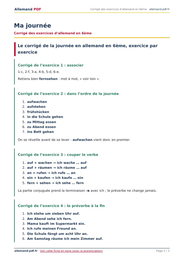Corrigé « Ma journée » en PDF