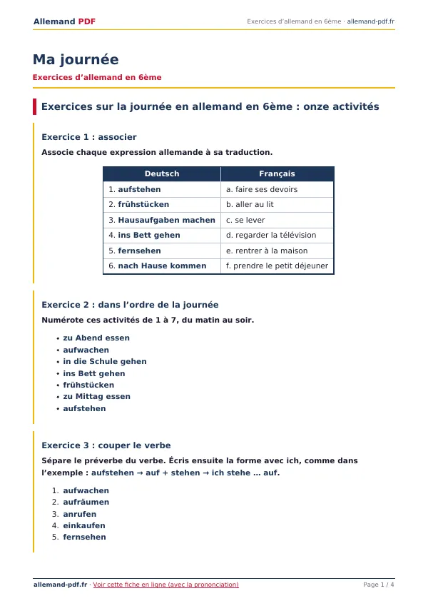 Exercices « Ma journée » en PDF