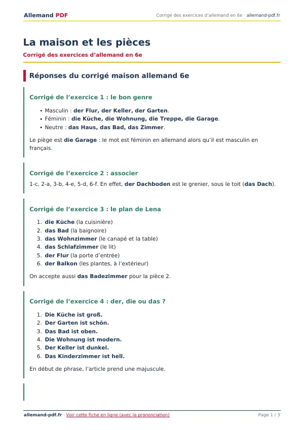 Corrigé « La maison et les pièces » en PDF