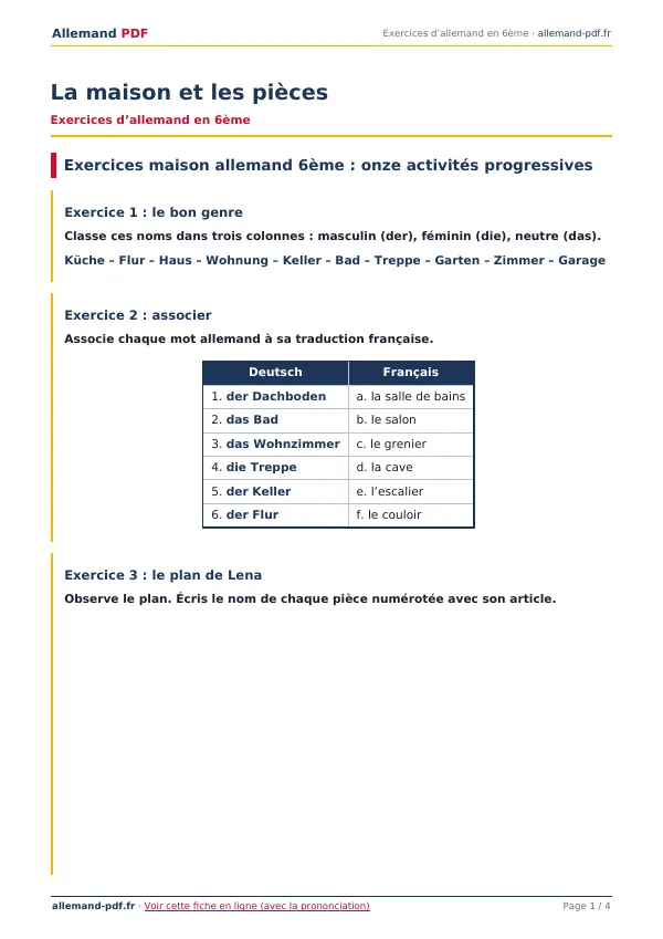 Exercices « La maison et les pièces » en PDF