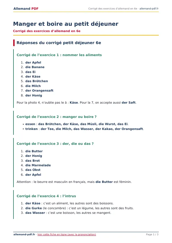 Corrigé « Manger et boire au petit déjeuner » en PDF