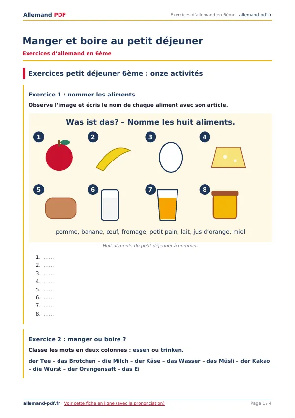 Exercices « Manger et boire au petit déjeuner » en PDF