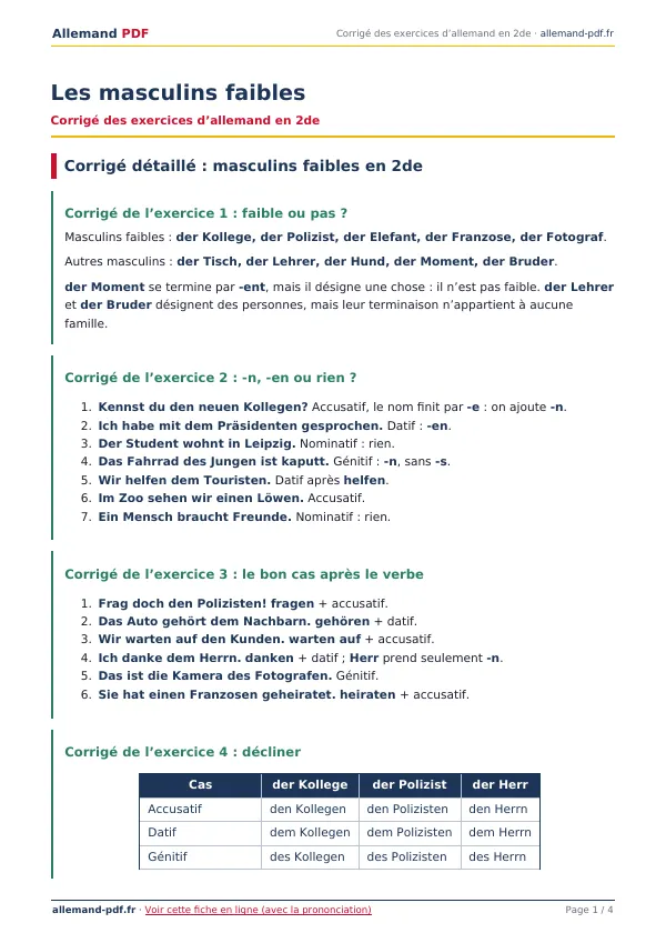 Corrigé « Les masculins faibles » en PDF
