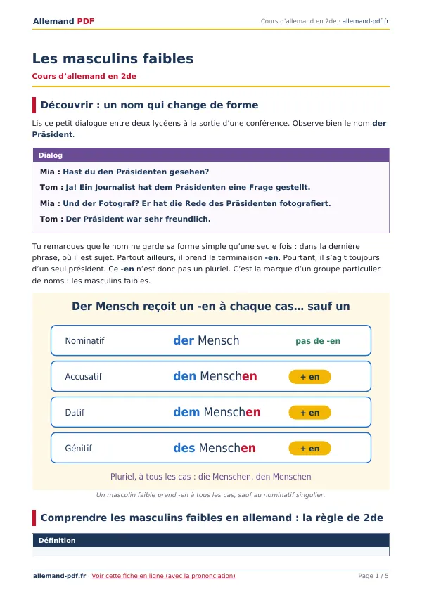 Cours « Les masculins faibles » en PDF