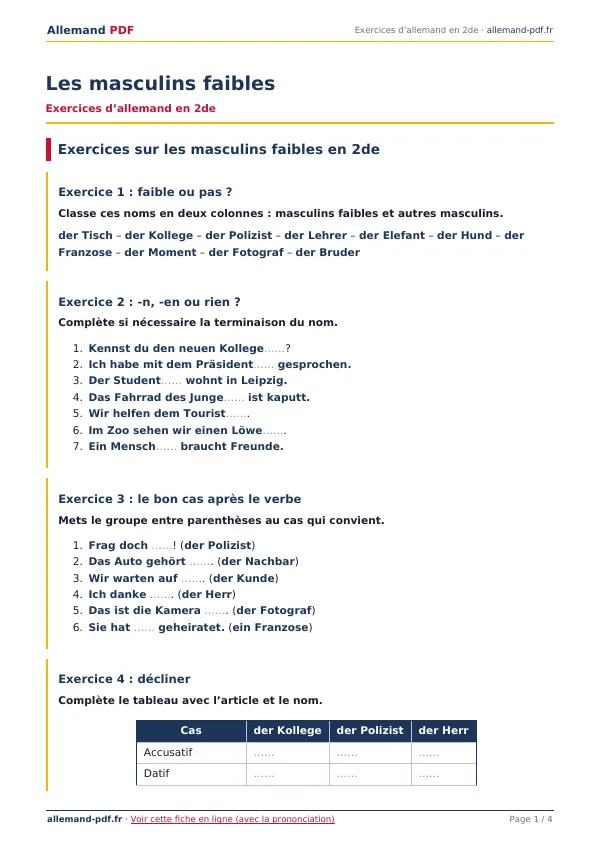 Exercices « Les masculins faibles » en PDF