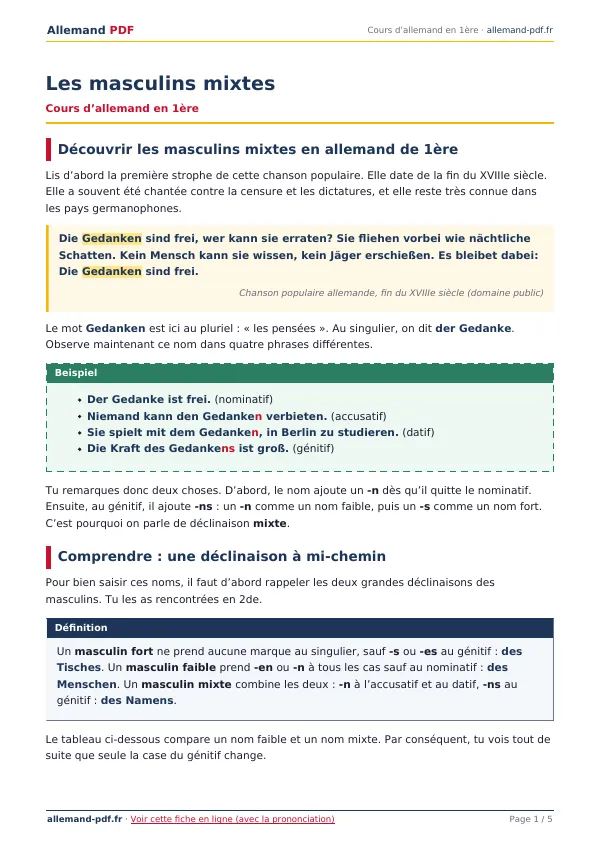 Cours « Les masculins mixtes » en PDF
