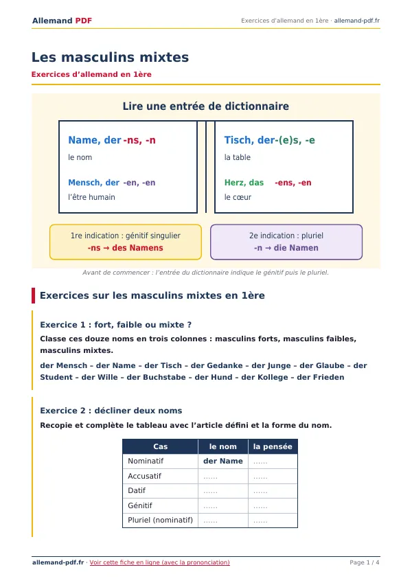 Exercices « Les masculins mixtes » en PDF