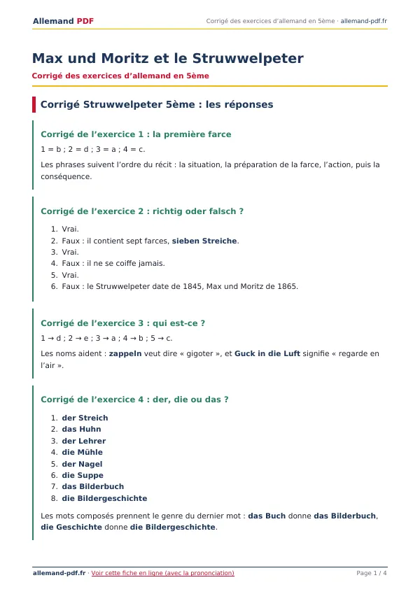 Corrigé « Max und Moritz et le Struwwelpeter » en PDF