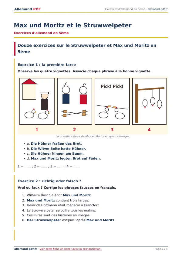 Exercices « Max und Moritz et le Struwwelpeter » en PDF