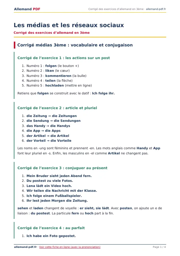 Corrigé « Les médias et les réseaux sociaux » en PDF